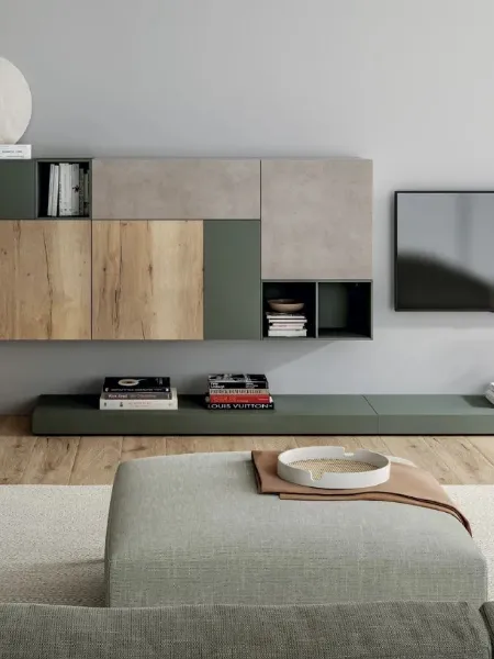 Parete Attrezzata Line Up 16 con finitura in nobilitato design vintage e concrete e laccato opaco roccia di Dielle Modus