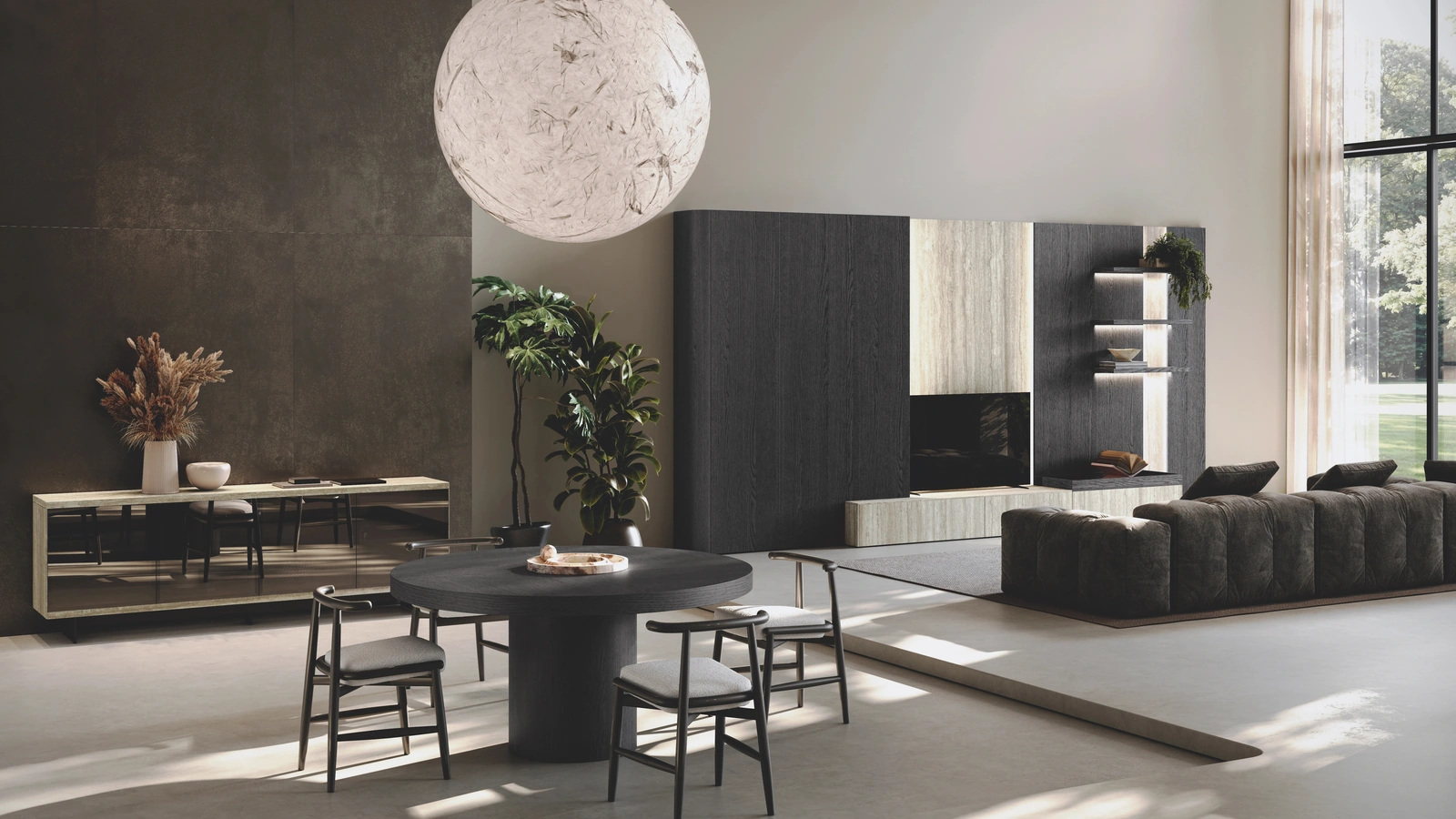 Parete Attrezzata Lab Gres in bilaminato legno rovere black e gres di Binova