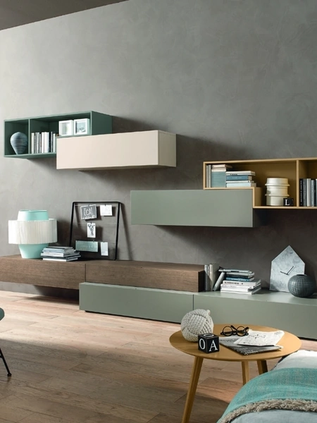 Parete Attrezzata Lampo L6C04 in laccato opaco e legno di Sangiacomo