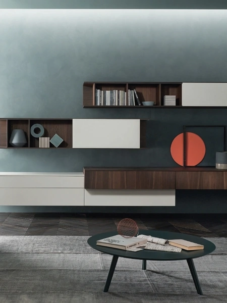 Parete Attrezzata Lampo L6C14 in impiallacciato Rovere termotrattato e laccato opaco Magnolia di Sangiacomo