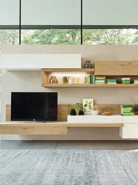 Parete Attrezzata Lampo L6C16 in legno chiaro e laccato opaco di Sangiacomo