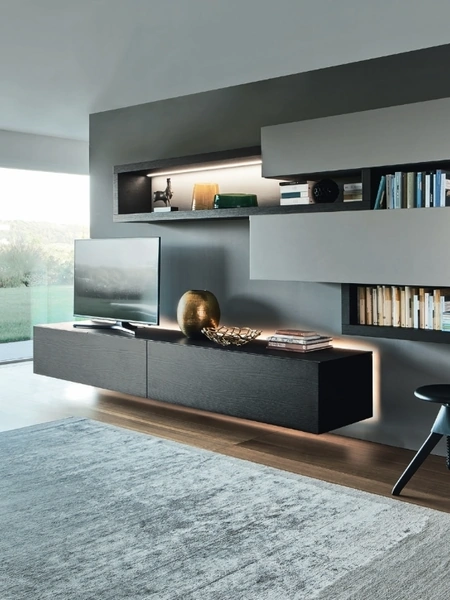 Parete Attrezzata Lampo L6C17 in impiallacciato Rovere tinto carbone e laccato Ardesia opaco di Sangiacomo