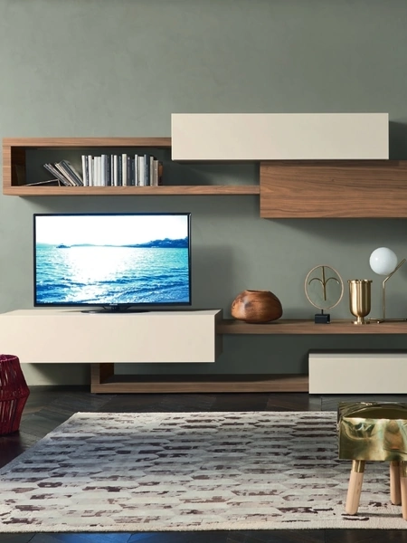 Parete Attrezzata Lampo L6C18 in laccato Canapa opaco e Noce impiallacciato di Sangiacomo