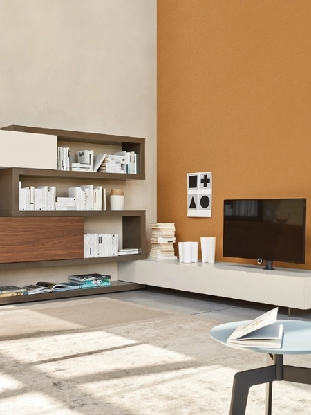 Parete Attrezzata Lampo L6C19 in laccato Canapa opaco e Noce impiallacciato di Sangiacomo