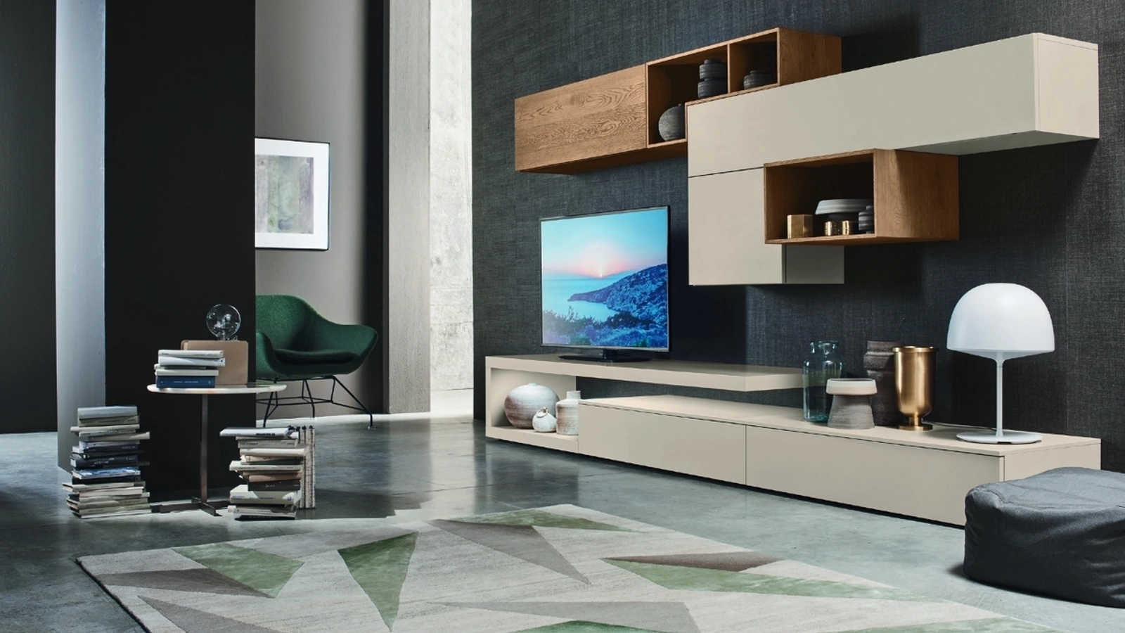 Parete Attrezzata Lampo L6C21 in laccato Canapa opaco e impiallacciato Rovere nodatodi Sangiacomo