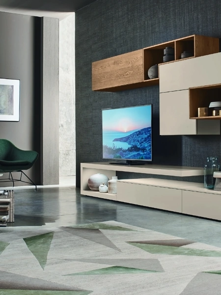 Parete Attrezzata Lampo L6C21 in laccato Canapa opaco e impiallacciato Rovere nodatodi Sangiacomo