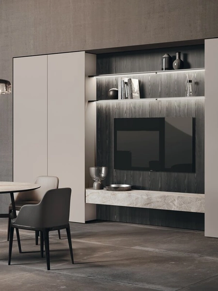 Parete Attrezzata in laccato opaco con piano in gres e spalla in bilaminato finitura legno Rovere Terranera Mantis di Binova