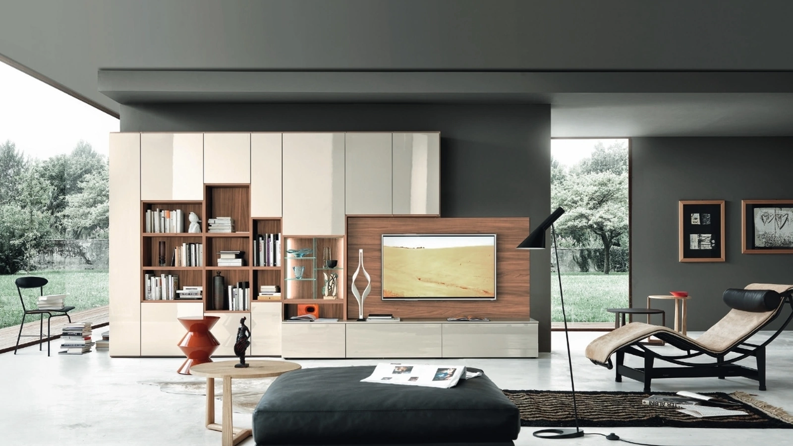 Parete Attrezzata Modo M6C66 in laccato lucido Canapa e Noce impiallacciato di Sangiacomo