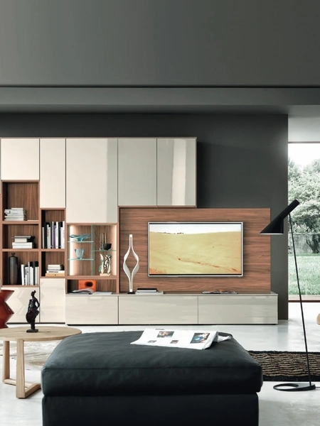 Parete Attrezzata Modo M6C66 in laccato lucido Canapa e Noce impiallacciato di Sangiacomo