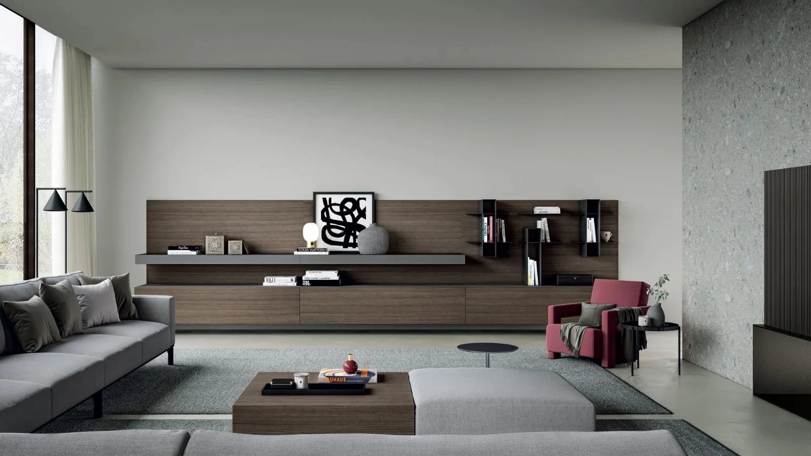 Parete Attrezzata sospesa Line Up 01 in finitura nobilitato design plissédi con top in finitura marmo lava Dielle Modus