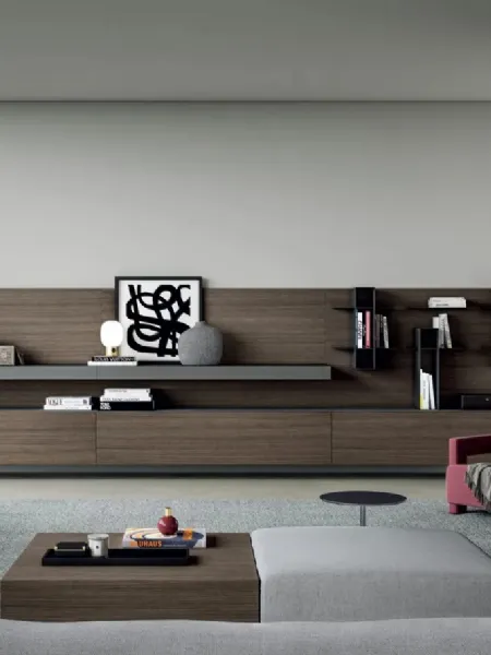 Parete Attrezzata sospesa Line Up 01 in finitura nobilitato design plissédi con top in finitura marmo lava Dielle Modus