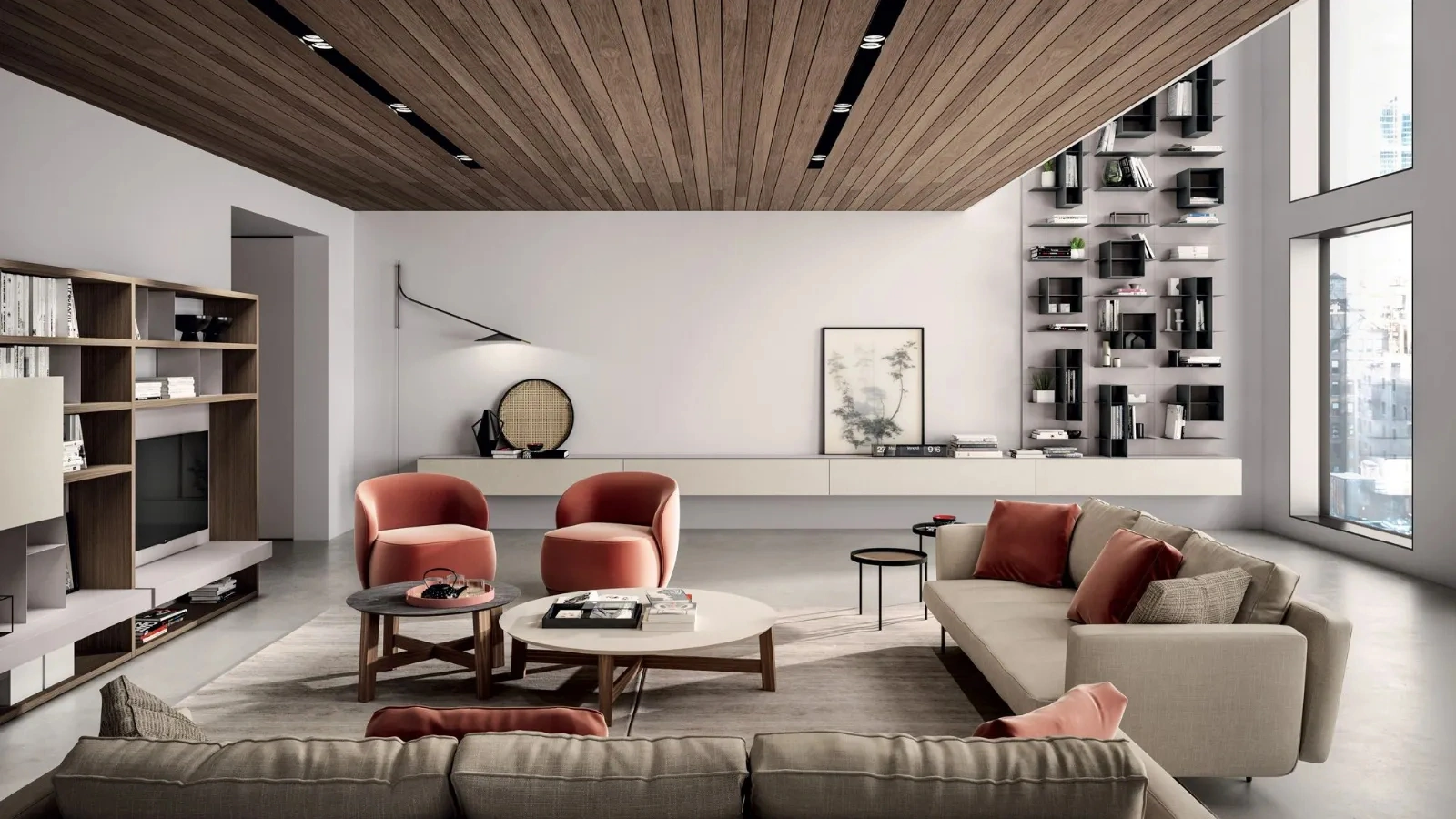 Parete Attrezzata sospesa Line Up 11 in laccato opaco con mensole e box di misura variabile in metallo finitura piombo di Dielle Modus