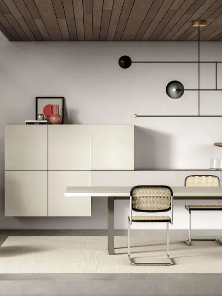 Parete Attrezzata sospesa Line Up 12 in finitura laccato opaco e spatolato marmo di Dielle Modus