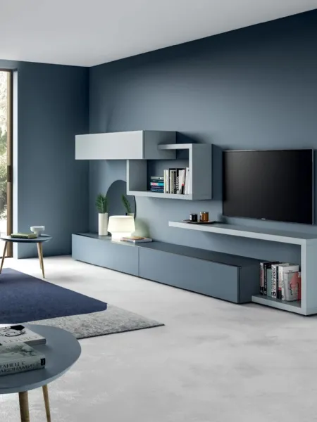 Parete Attrezzata Line Up 20 con base a terra in laccato opaco pioggia, mensole e pensili in laccato opaco ghiaccio di Dielle Modus