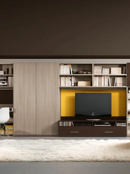 Parete Attrezzata Living 73D include una scrivania, una libreria e un mobile per il televisore di Ferrimobili