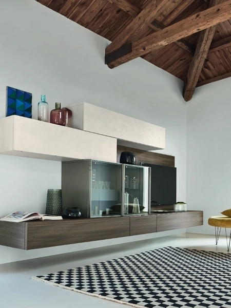 Parete Attrezzata con elemento vetrina Lampo L6C25 in materico Loto e materico Olmo di Sangiacomo