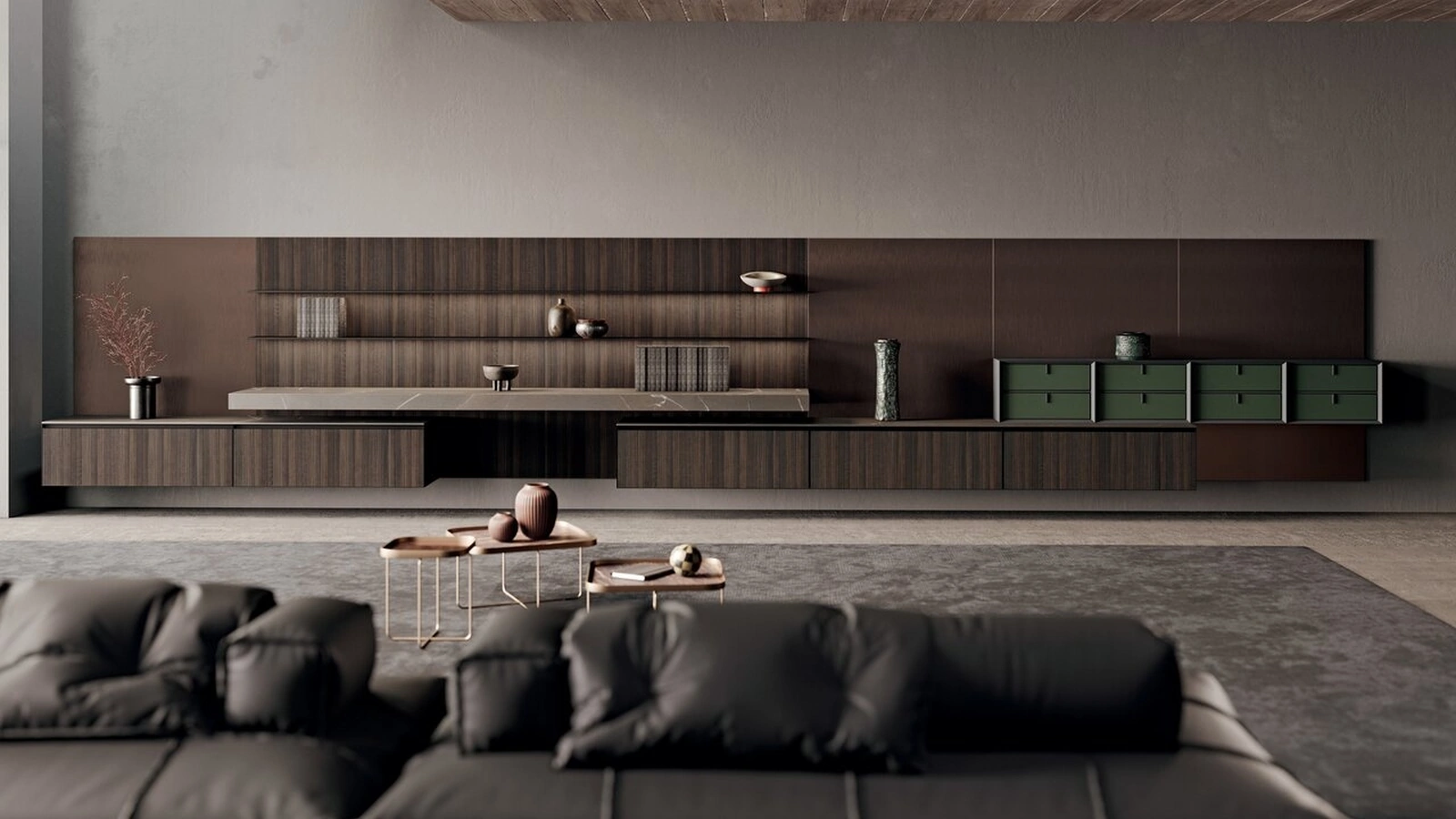 Parete Attrezzata in bilaminato legno rovere e piano in gres effetto pietra Scava di Binova