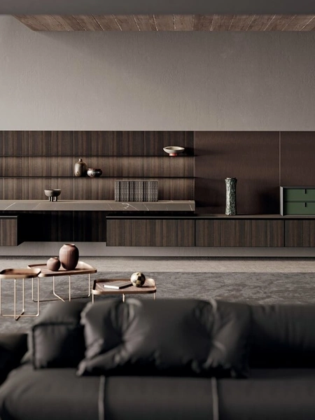 Parete Attrezzata in bilaminato legno rovere e piano in gres effetto pietra Scava di Binova