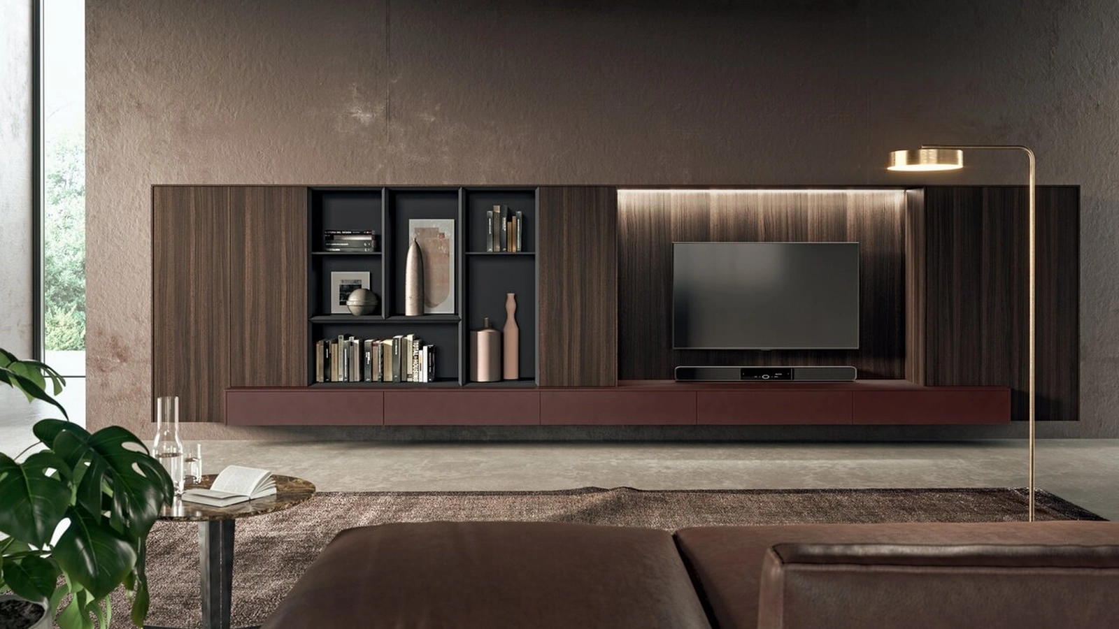 Parete Attrezzata in bilaminato legno rovere fumè e laccato metal amaranto Vogue Metal di Binova