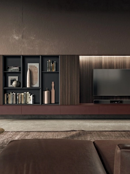 Parete Attrezzata in bilaminato legno rovere fumè e laccato metal amaranto Vogue Metal di Binova