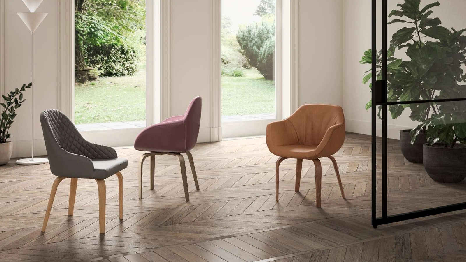 Sedia girevole in pelle imbottita con gambe in Rovere Atena di Ozzio