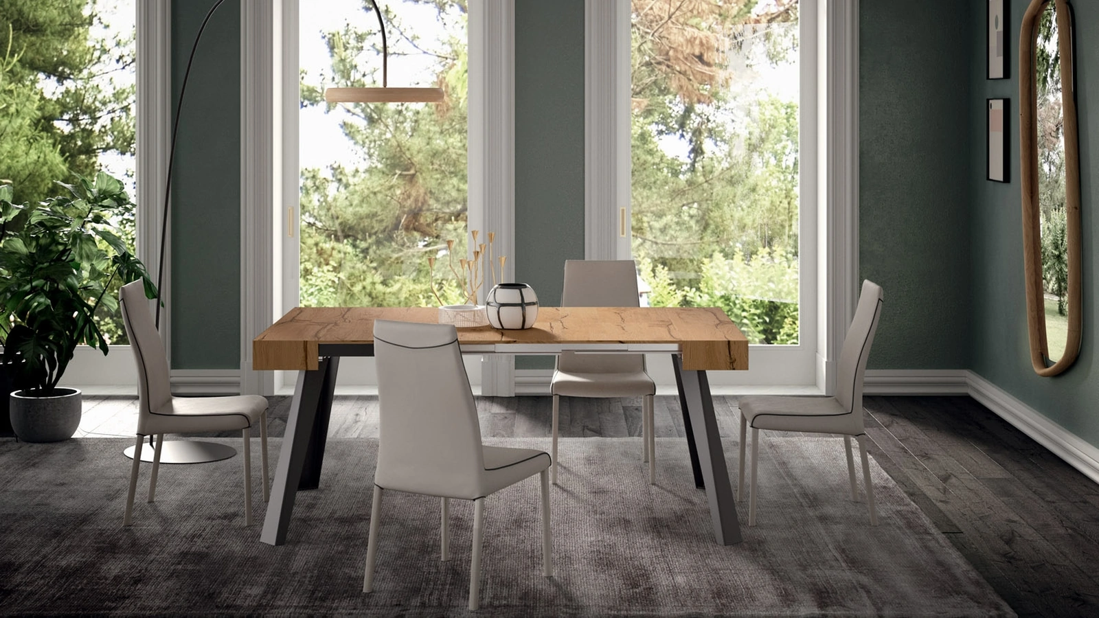 Consolle allungabile in rovere con base in metallo con tre allunghe a libro CO4L di Ozzio