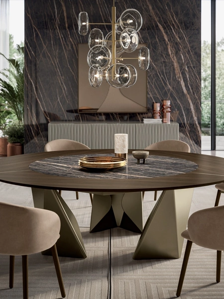 Tavolo rotondo in legno e SuperMarmo Kaleido di Bontempi