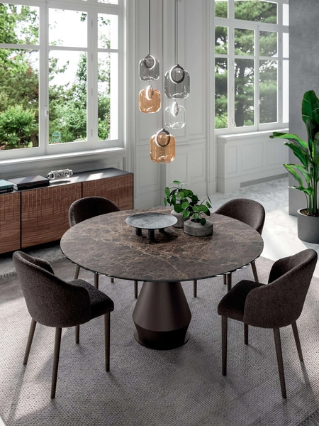 Tavolo rotondo Lycos Fisso in Ceramica Emperador con base in metallo di Ozzio