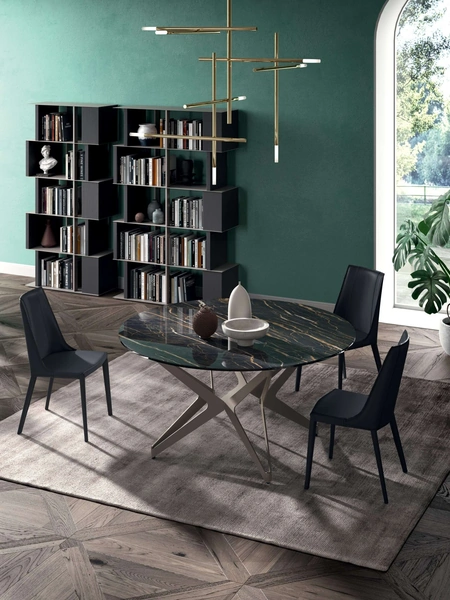 Tavolo Big Round Fisso in ceramica Noir Desir con base in metallo di Ozzio