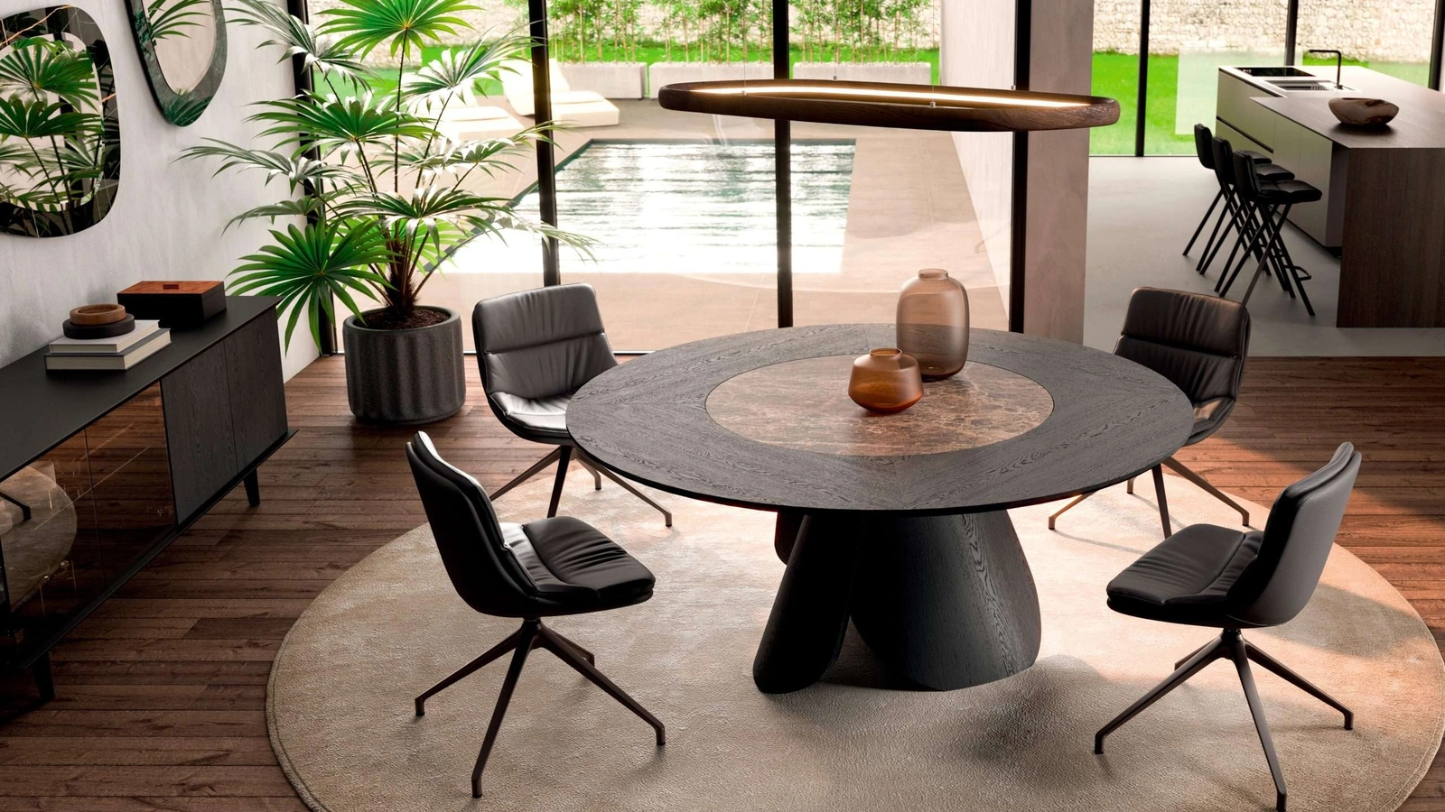 Tavolo rotondo allungabile in legno Veliero con vassoio girevole Lazy Susan in ceramica incassato nel piano di Ozzio