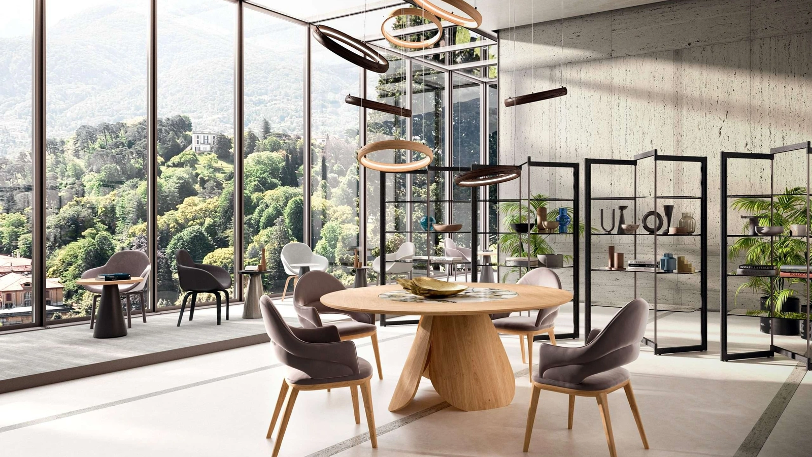 Tavolo rotondo allungabile in legno Veliero con vassoio girevole Lazy Susan in ceramica incassato nel piano di Ozzio