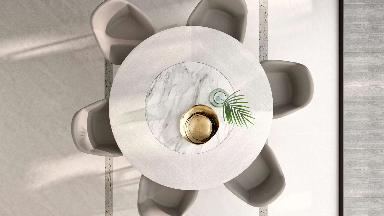 Tavolo rotondo allungabile in legno Veliero con vassoio girevole Lazy Susan in ceramica incassato nel piano di Ozzio