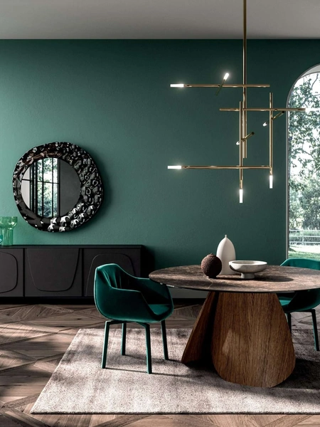 Tavolo rotondo Veliero Fisso in Ceramica Emperador e base in legno di Rovere di Ozzio