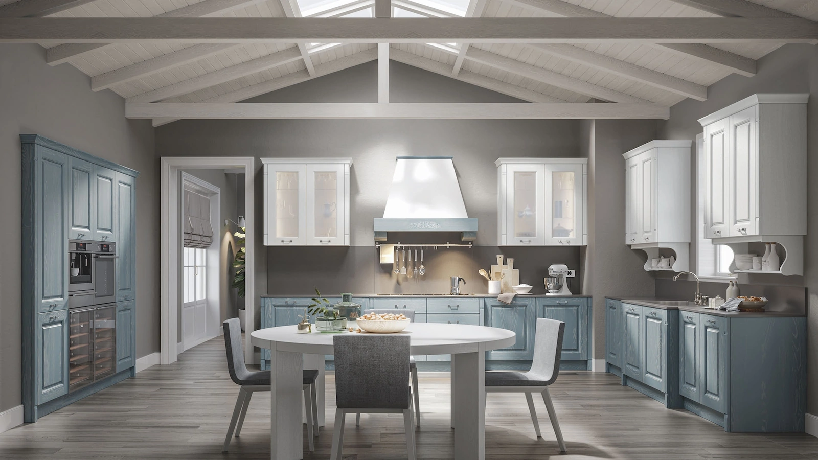 Cucina Classica angolare in Frassino finitura Jeans Decapé e Luce con ante in Vetro Contea 05 di Home Cucine