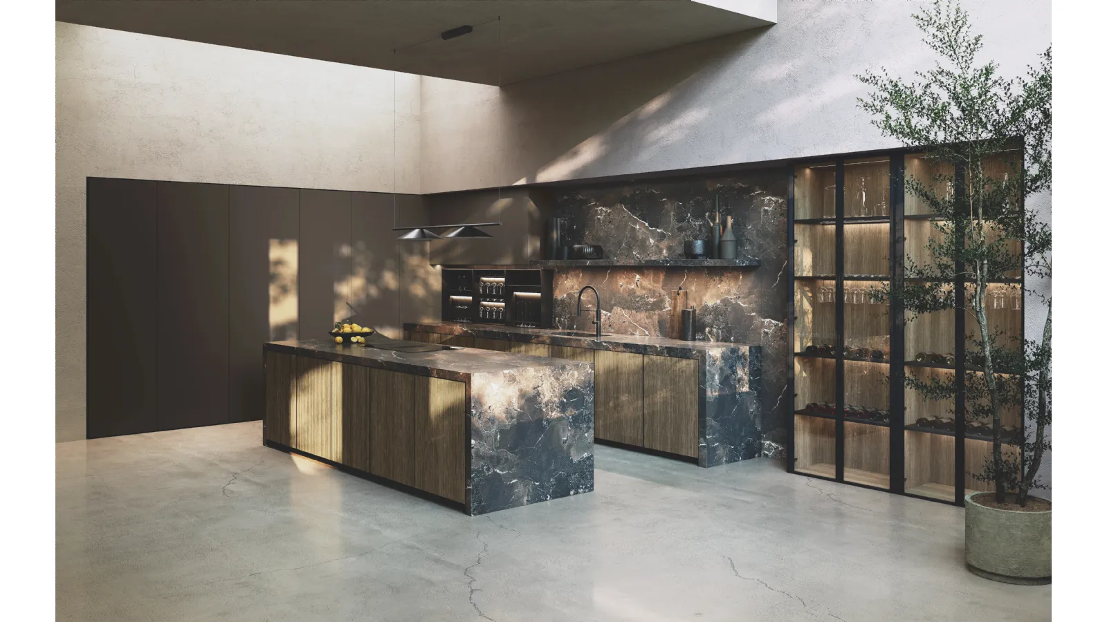 Cucina Design con isola Avola in legno e gres di Binova