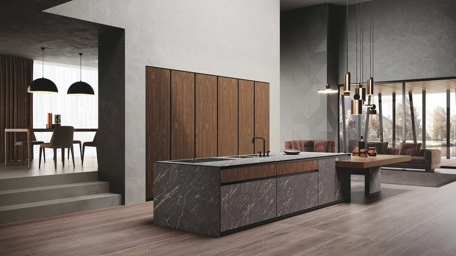 Cucina Design con isola Avola in legno e gres di Binova
