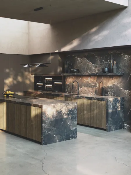 Cucina Design con isola Avola in legno e gres di Binova