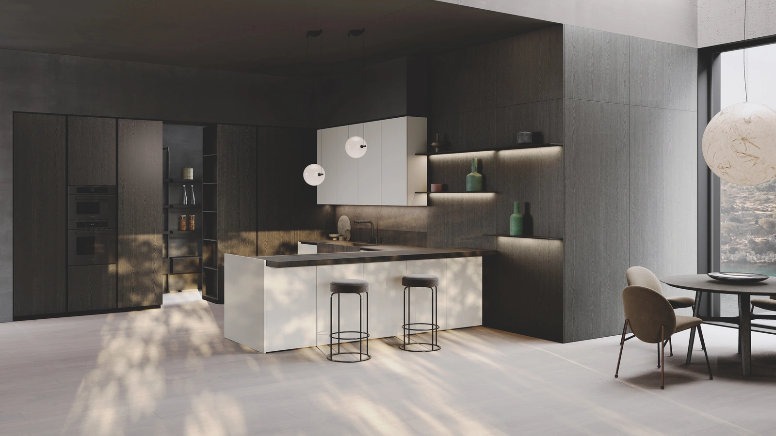 Cucina Design con penisola Balance Superlac in laccato e bilaminato rovere di Binova