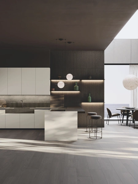 Cucina Design con penisola Balance Superlac in laccato e bilaminato rovere di Binova