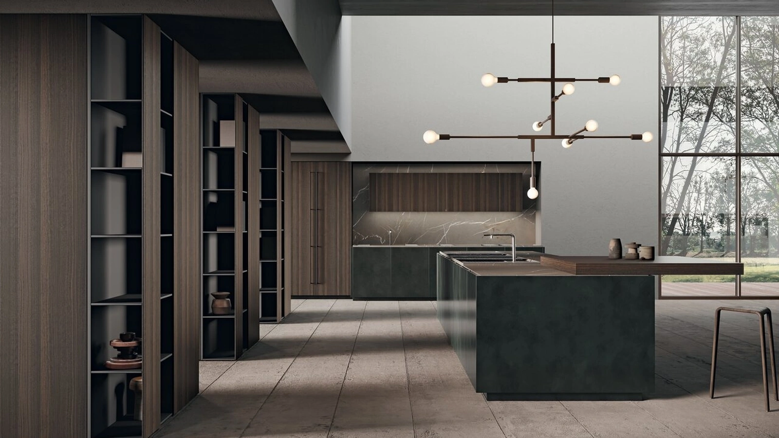 Cucina Design con isola in laccato effetto metallico e bilaminato effetto legno con top in gres Scava di Binova