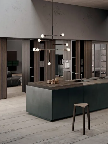 Cucina Design con isola in laccato effetto metallico e bilaminato effetto legno con top in gres Scava di Binova