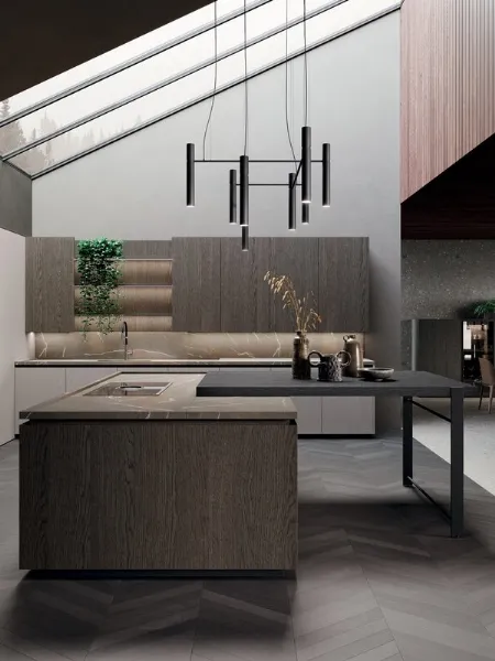 Cucina Design con isola e penisola in rovere grigio e bilaminato pietra piasentina Bluna Legno di Binova