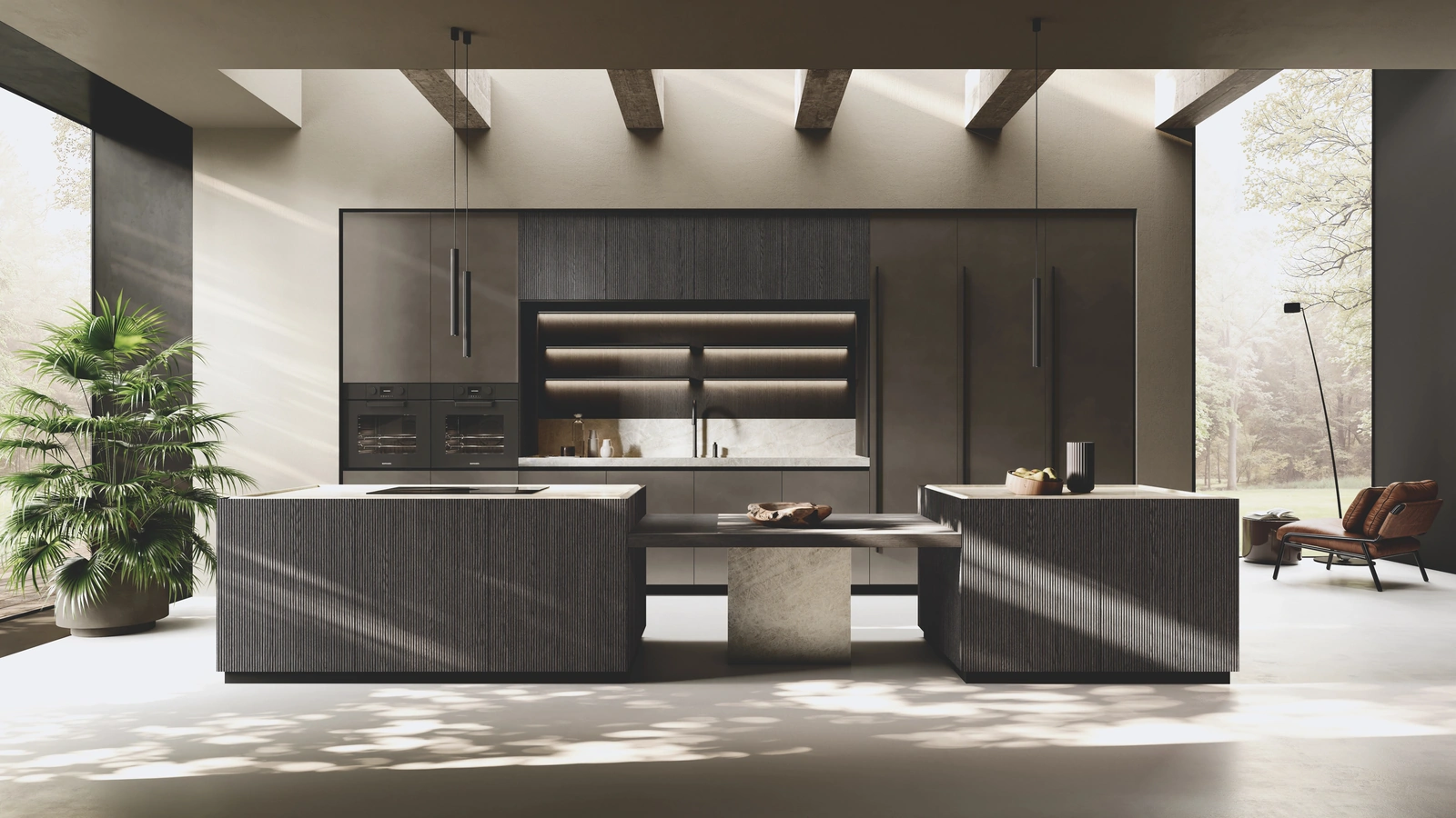 Cucina Design in laccato Metal con isola Bluna Legno Rigato di Binova