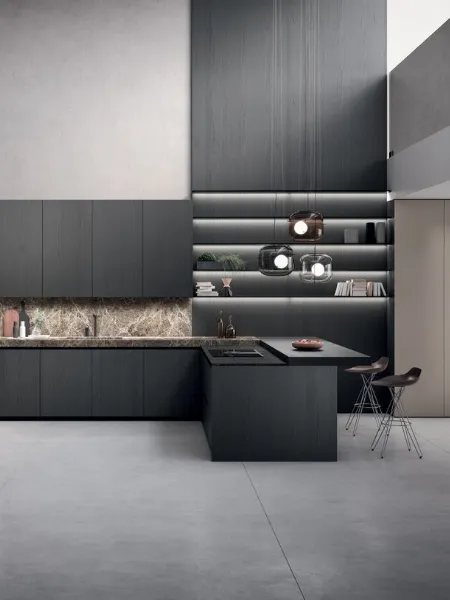 Cucina Design con penisola Bluna Tech in rovere carbone e alluminio di Binova