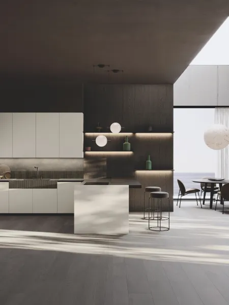 Cucina Design con penisola Bluna Tech Opaco in laccato e bilaminato legno Rovere di Binova