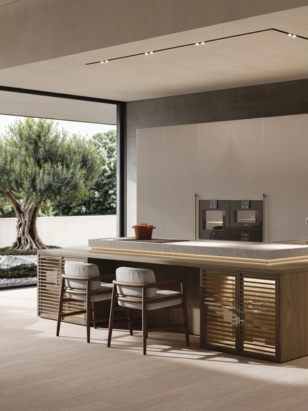 Cucina Design con penisola Bluna + Zen in alluminio e noce di Binova