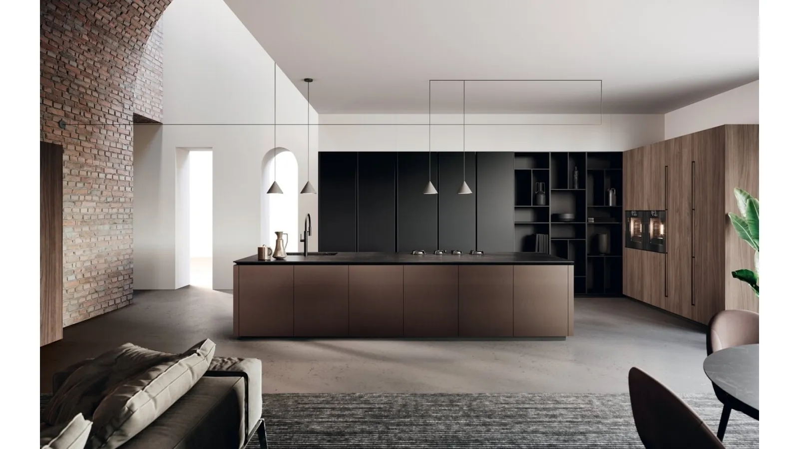 Cucina Design in laccato Nero e laccato alluminio brunito, vetro e bilaminato noce con isola Lab di Binova