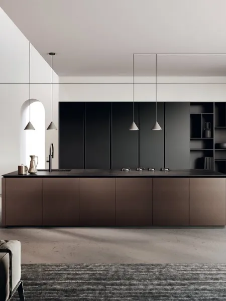 Cucina Design in laccato Nero e laccato alluminio brunito, vetro e bilaminato noce con isola Lab di Binova