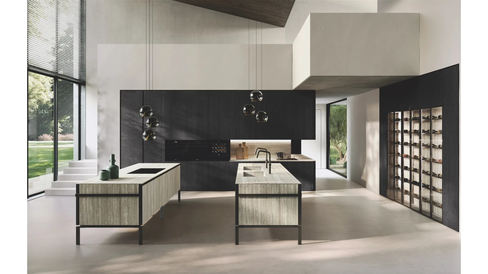 Cucina Design in bilaminato Rovere Black con doppia isola Lab Gres di Binova