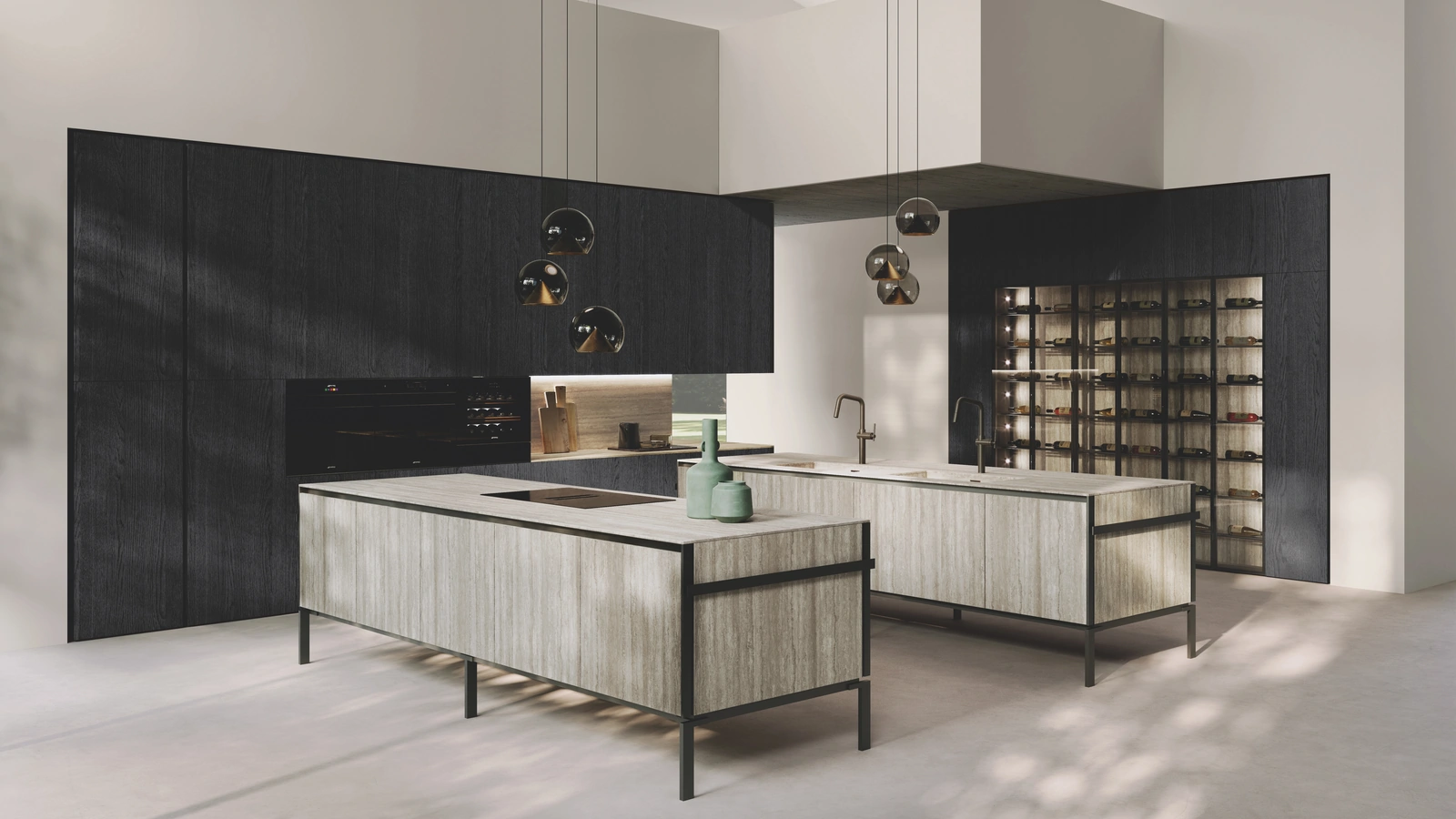 Cucina Design in bilaminato Rovere Black con doppia isola Lab Grès di Binova